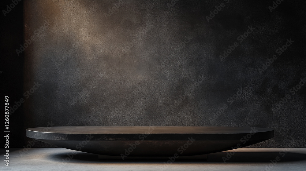 Poster minimalist black platform in a dimly lit studio setting with textured walls