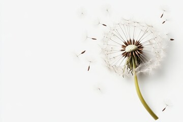 Delicate dandelion seed head releasing wispy strands into the gentle breeze in soft natural light on a tranquil background