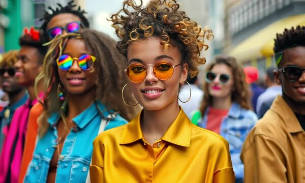Colorful fashion at a vibrant street festival in a bustling city center with stylish young attendees