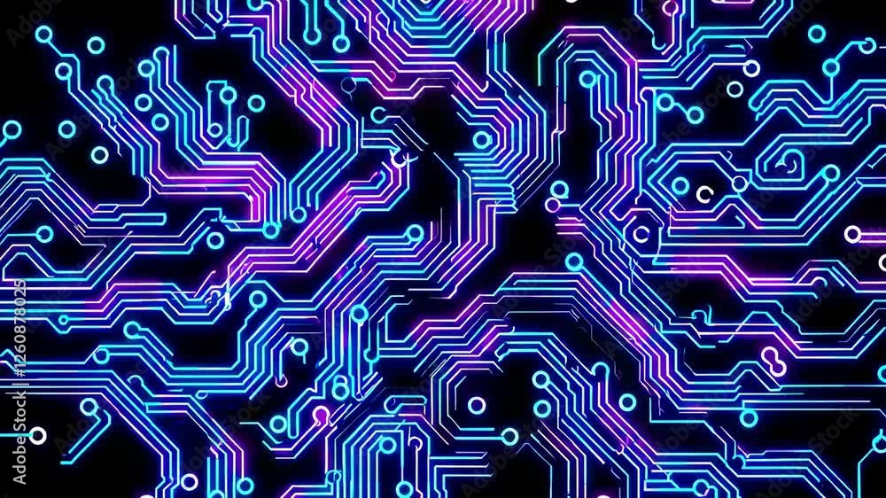 Poster Digital circuit board pattern with neon lights on black background. Futuristic technology and innovation concept