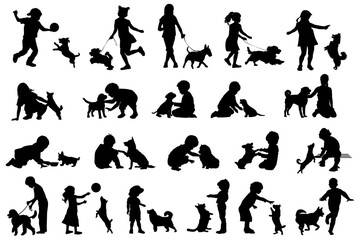 Children and pets silhouettes on white background. Little girls and boys playing with dogs. Vector illustration	
