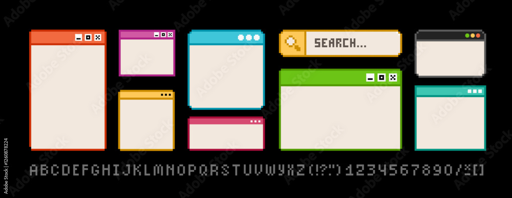Poster PC user interface window sign in 90s pixel art style. Retro video game in 8-bit style  PC window, Desktop, Search bar. Vector Pixel graphics on black background