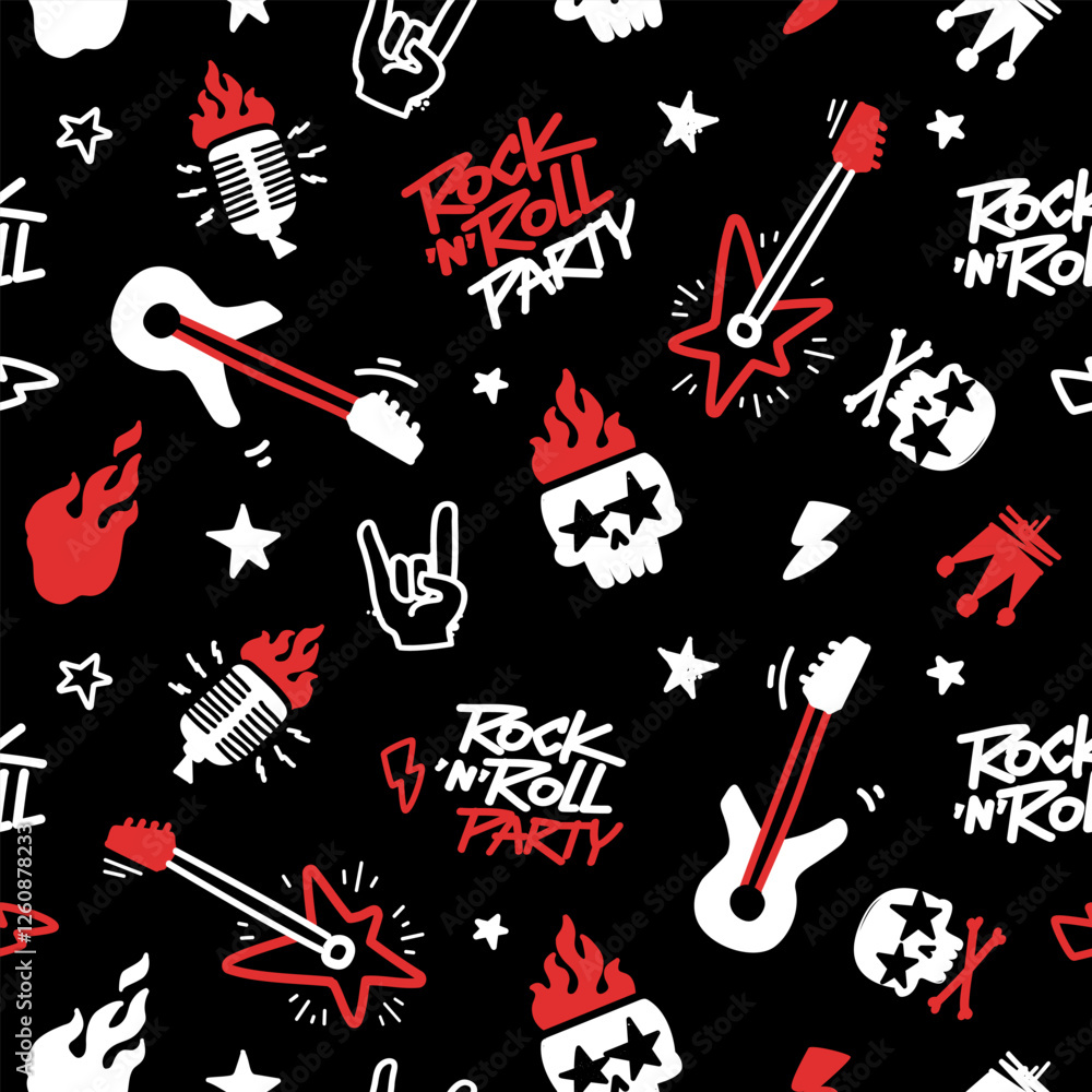 Poster rock n roll doodle seamless pattern for print fabric and textile design. rock music party elements h