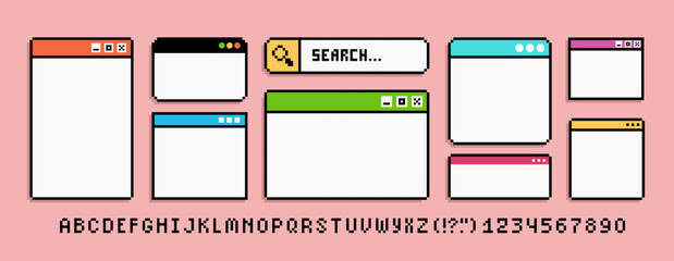 PC interface window sign in 90s pixel art style. Retro video game in 8-bit style Search bar. PC window, Desktop. Vector Pixel graphics on pink background