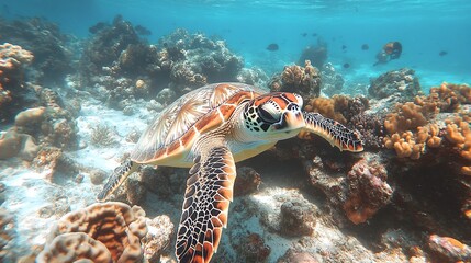 Naklejka premium sea turtle gracefully exploring a coral reef in the ocean, surrounded by marine wildlife, vibrant tropical fish, and a thriving underwater ecosystem full of life