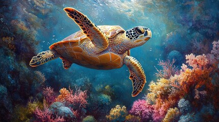 Obraz premium sea turtle gracefully exploring a coral reef in the ocean, surrounded by marine wildlife, vibrant tropical fish, and a thriving underwater ecosystem full of life