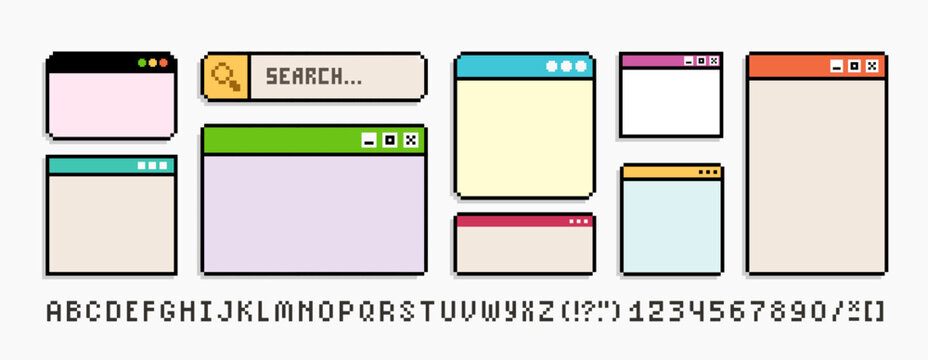 PC user interface window sign in 8-Bit pixel art style. Retro pixel video game style Search bar, PC window.  Pixel graphics vector isolated from white background