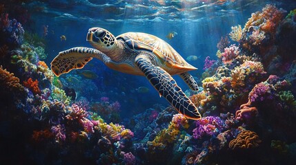 Fototapeta premium sea turtle gracefully exploring a coral reef in the ocean, surrounded by marine wildlife, vibrant tropical fish, and a thriving underwater ecosystem full of life
