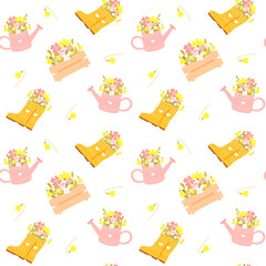 Cute spring seamless pattern with beautiful flowers in watering can and rubber boots. Childish vector seamless pattern perfect for clothes, nursery, textile, wrapping paper and so on