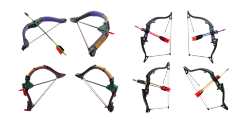 Colorful Crossbows and Arrows Set for Creative Design Projects, isolated on transparent background
