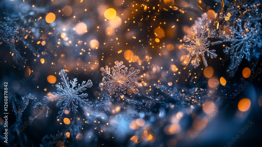 Poster sparkling snowflakes with warm bokeh lights create enchanting winter atmosphere