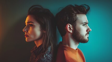 Emotional couple separation portrait. Couple sits back to back looking away with sadness. Emotional separation and conscious uncoupling. Concept of love, heartbreak and relationship change