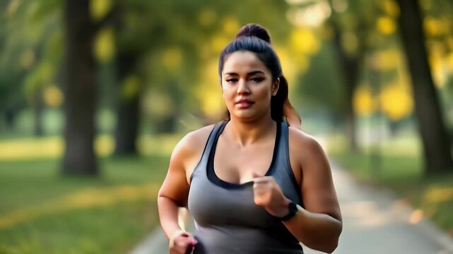 Young overweight Latina, sportswoman jogging through a park on a sunny day for weight loss. Woman running and doing sports in nature. Body care, healthy routine while enjoying outdoor activities