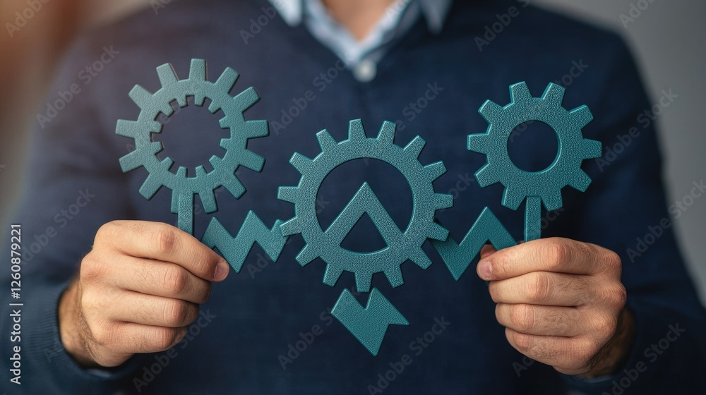 Poster a person holds symbolic gears and a triangle, representing strategy and progress in business or tech