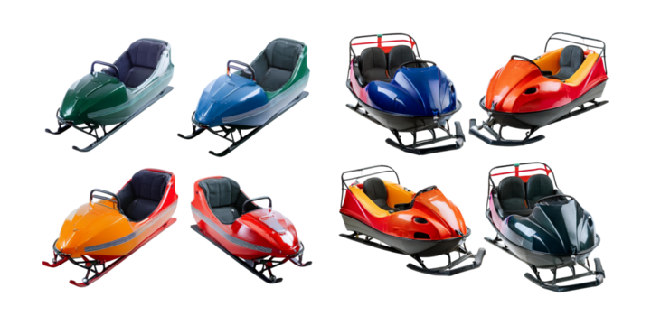 Colorful Sleighs for Winter Fun on Snowy Mountains and Ice, isolated on transparent background
