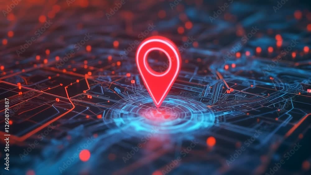 Poster Glowing red location pin pulsating on futuristic digital circuit board map, representing advanced navigation technology and global positioning systems in sleek, high tech visual display