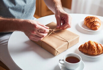 A medium close-up of a father's hands unwrapping a gift at the breakfast table, showcasing excitement