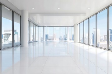 Fototapeta premium interior of modern office building with panoramic windows and city view