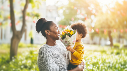 Mothers Day celebration with child giving flowers to smiling mother