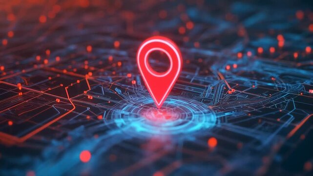 Glowing red location pin pulsating on futuristic digital circuit board map, representing advanced navigation technology and global positioning systems in sleek, high tech visual display