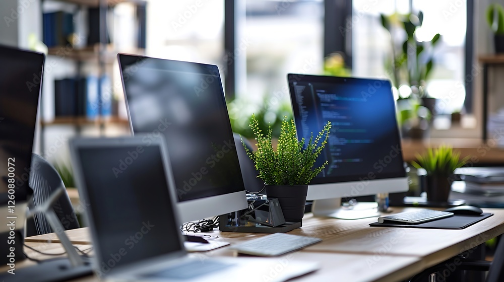 Poster working space with computer in modern office. workplace and technology concept