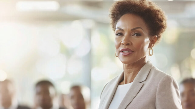 Black mature woman speaking at public event with audience in background
