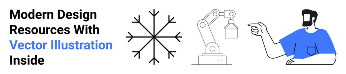 Mechanical robotic arm holds an object, snowflake symbol illustrates balance, bearded man in blue shirt gestures confidently. Ideal for technology, mechanics, winter theme, design, innovation