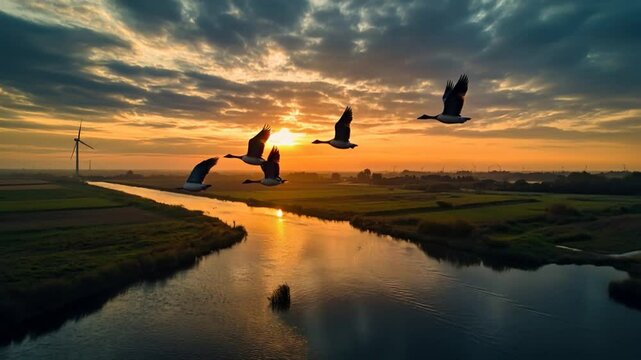 wild geese flying over a polder landscape video