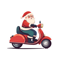 Santa's Scootering Christmas: A jolly Santa Claus, sporting his iconic red suit and glasses, zips along on a classic red scooter, bringing a dash of festive cheer.