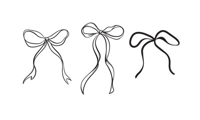Vector set illustration of bows in trendy style for invitations to wedding, party, hair, postcard. Linear style, cartoon, doodle