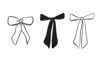 Vector set illustration of bows in trendy style for invitations to wedding, party, hair, postcard. Linear style, cartoon, doodle