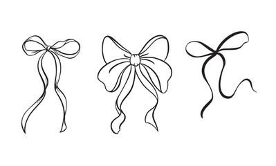 Vector set illustration of bows in trendy style for invitations to wedding, party, hair, postcard. Linear style, cartoon, doodle
