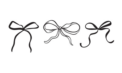Vector set illustration of bows in trendy style for invitations to wedding, party, hair, postcard. Linear style, cartoon, doodle