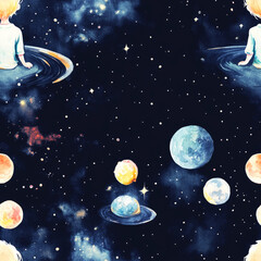 Naklejka premium A seamless pattern featuring a kid hand-drawn watercolor space theme, with planets, stars, rockets, and comets, in a cute and funny mood