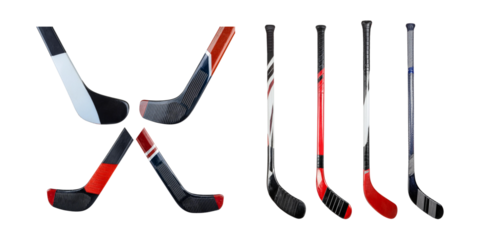 Collection of Colorful Ice Hockey Sticks Isolated on Black Background, isolated on transparent background
