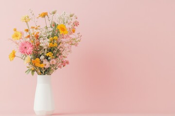 Fototapeta premium Vibrant Bouquet of Flowers in a Modern Vase on a Pastel Pink Background With Soft Studio Lighting