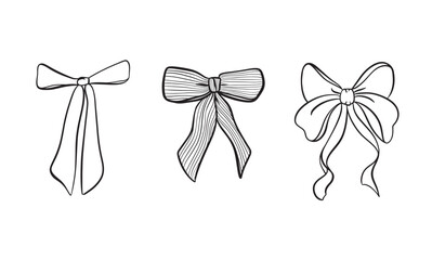 Vector set illustration of bows in trendy style for invitations to wedding, party, hair, postcard. Linear style, cartoon, doodle