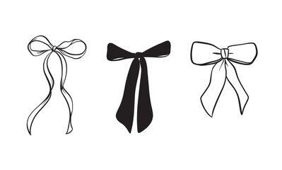 Vector set illustration of bows in trendy style for invitations to wedding, party, hair, postcard. Linear style, cartoon, doodle