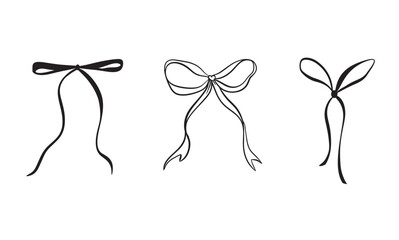 Vector set illustration of bows in trendy style for invitations to wedding, party, hair, postcard. Linear style, cartoon, doodle
