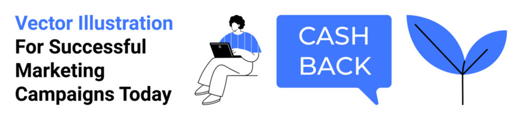 Man with laptop, cashback speech bubble, leaf representing growth, eco-focus, marketing. Ideal for financial incentives, digital tools, strategies, eco-advertising rewards programs success icons