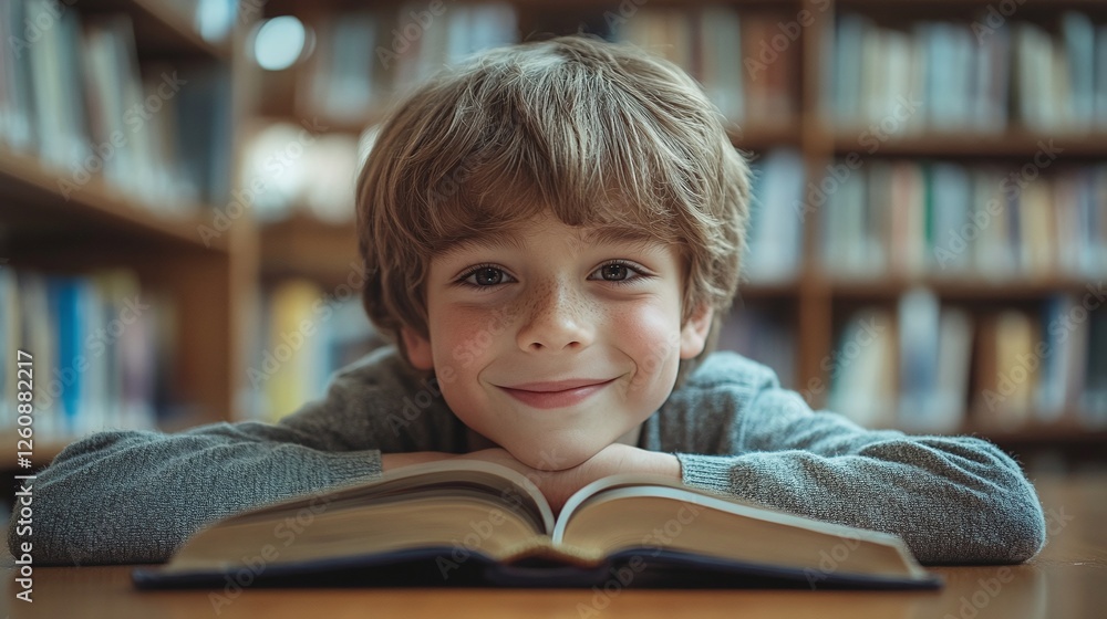 Poster curious young student exploring imagination and knowledge while reading in the school library