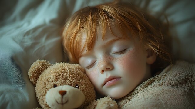 Peaceful Slumber of a Cherished Childhood Moment with Plush Teddy Bear   Soft Diffused Lighting Dreamy Pastel Background Warm and Comforting Vibes