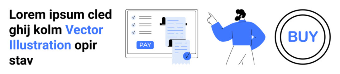 Man pointing to a digital invoice screen with a payment option and a BUY button. Ideal for e-commerce, cashless transactions, fintech, digital business, online shopping, financial services, abstract