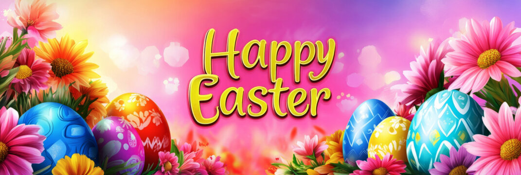A joyful Happy Easter inscription on a colorful background with flowers and decorated eggs, ideal for creating fresh, festive social media posts or Easter cards, banner