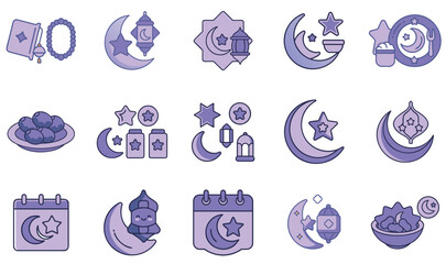 Ramadan Islamic  icons crescent moon, star, lantern, dates and prayer beads