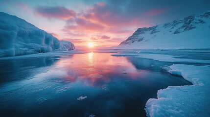 Fototapeta premium Frozen landscape at dusk reflecting serene icy waters with vibrant sunset