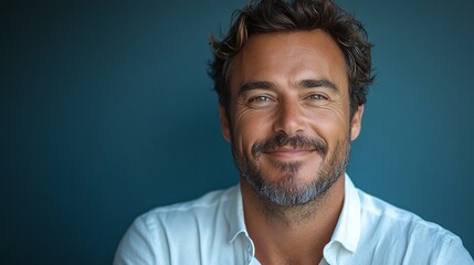 Obraz premium fresh and minimal portrait of a happy man in a white shirt standing against a bright and clean blue background