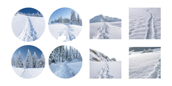 Scenic Winter Pathway in Snowy Landscape with Footprints, isolated on transparent background