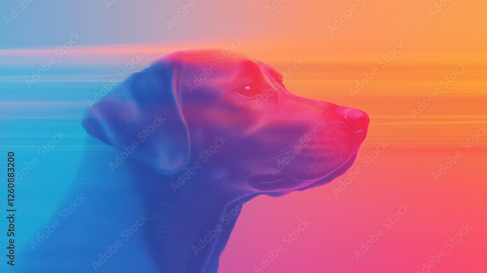 Poster dynamic portrait of a dog against a colorful background in an artistic setting