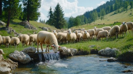 Obraz premium A sheep enjoys a refreshing drink from a clear stream amidst vibrant greenery and distant hills under a bright blue sky